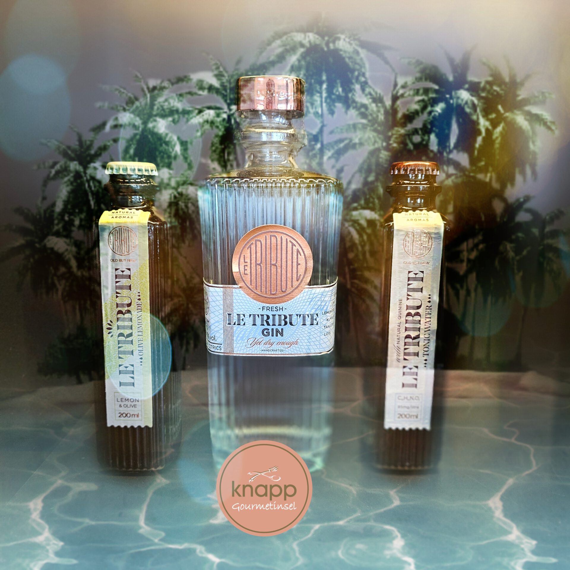 Gin Flasche mit Flasche Tonic Lemonade und Flasche Tonic Water