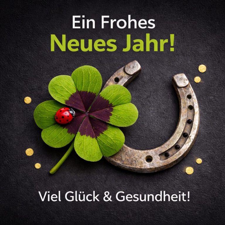 Ein Hufeisen und ein Kleeblatt auf schwarzem Grund mit Neujahrsgrußtext