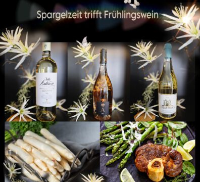 Collage mit 5 Bildern. Weine und Spargel.