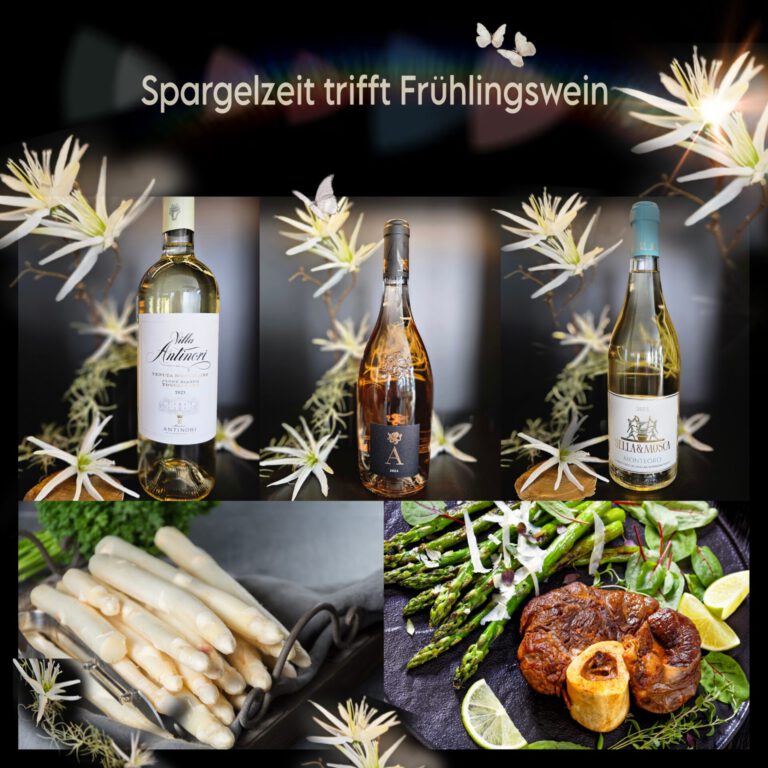Collage mit 5 Bildern. Weine und Spargel.