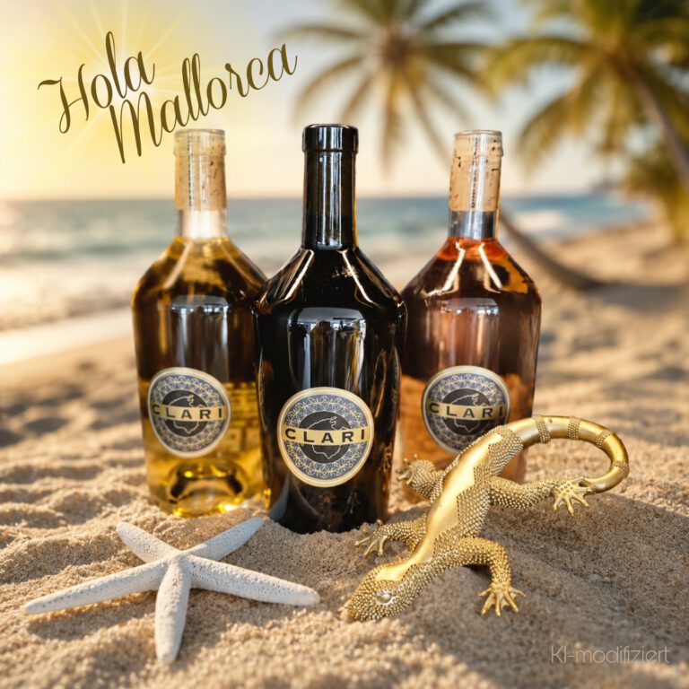 3 Flaschen Klari Weine im Sand mit Meer und Palme im Hintergrund
