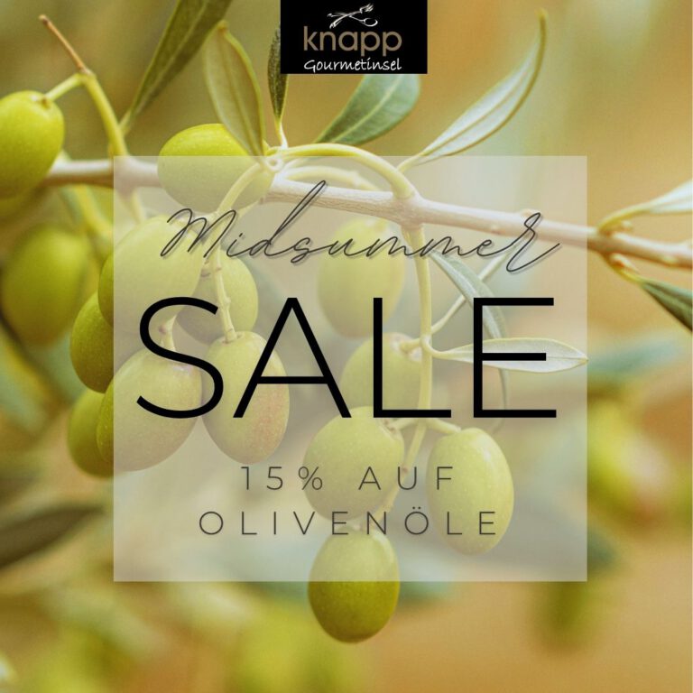 Olivenzweig im Hintergrund mit Schriftzug Midsummer Sale 15 % auf Olivenöle in schwarzer Schrift