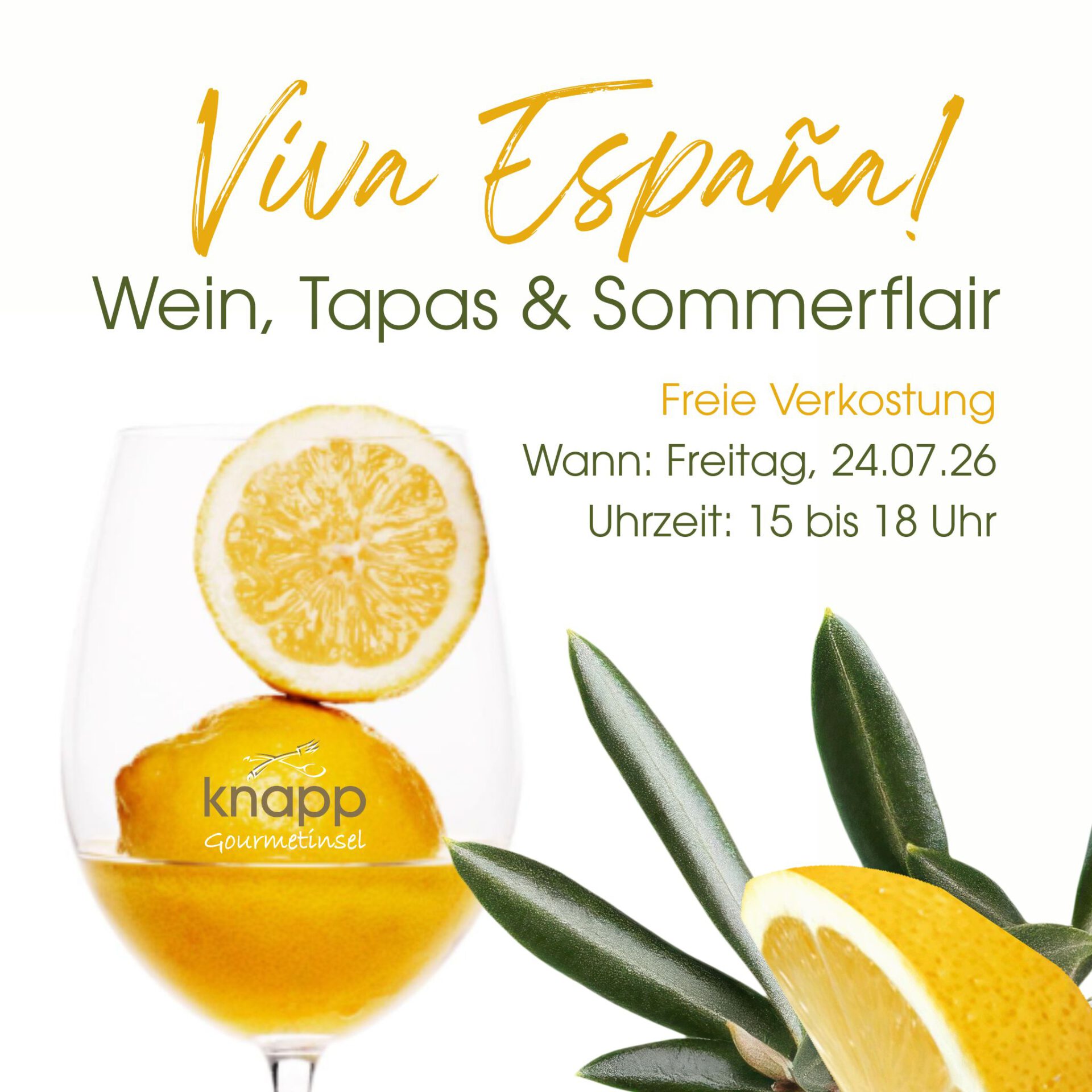 Einladungsplakat Freie Weinverkostung von Mallorca Weinen mit Glas und aufgeschnittener Zitrone, Olivenzweig und Zitronenschnitz