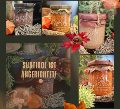 Collage mit Südtiroler Spezialitäten. Verschieden Ragouts.