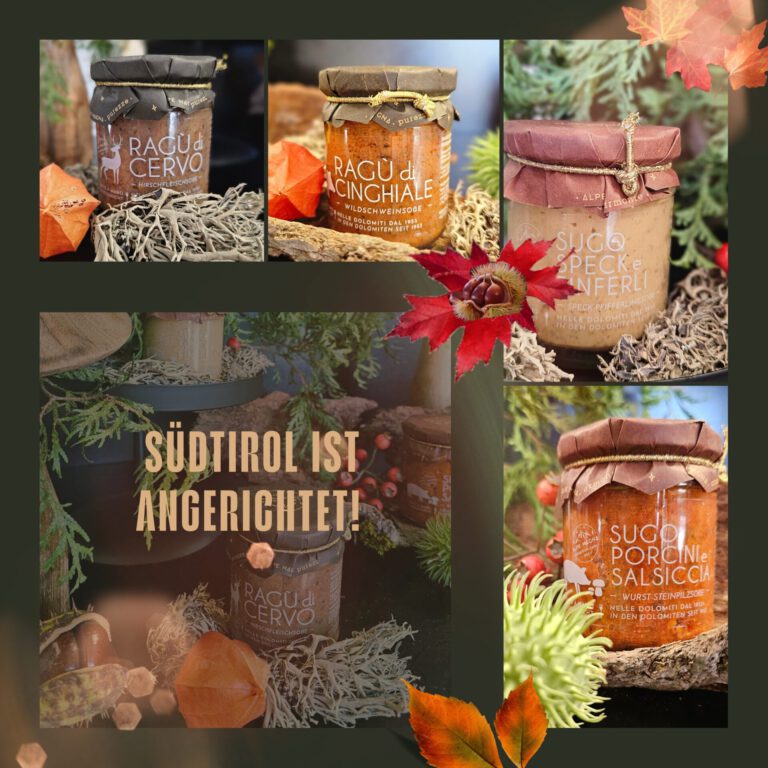Collage mit Südtiroler Spezialitäten. Verschieden Ragouts.